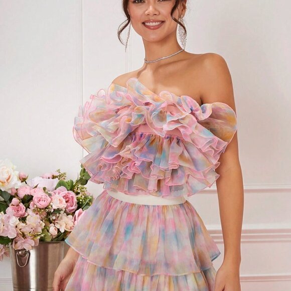 Pink PreppyWomens Summer Blurred Floral Layered Ruffle Top - Picture 4 of 5